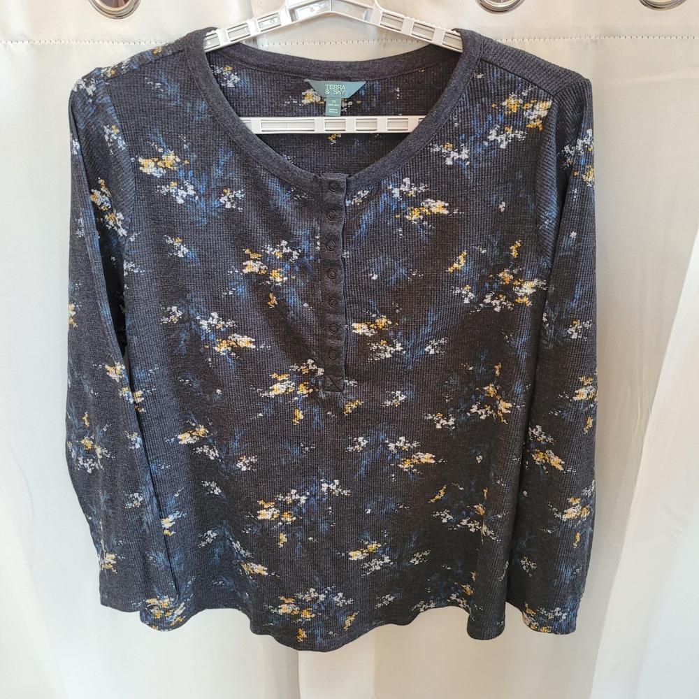 Floral Henley Womens Top 3X Waffle Knit Cottagecore Boho Casual Floral 21765